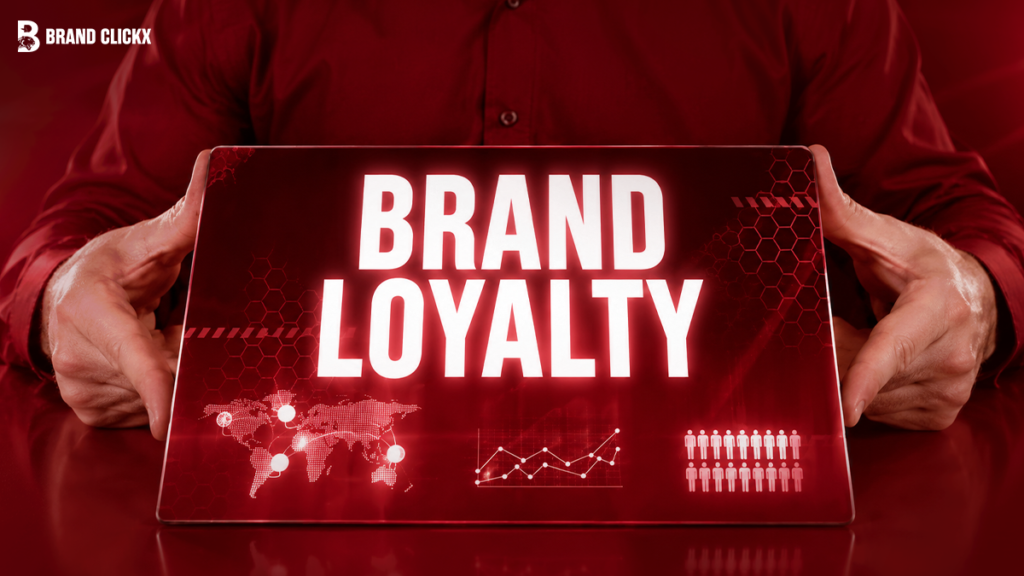 Hands holding a sign that says "Brand Loyalty" against a red background.