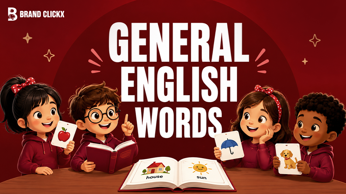 A title graphic for "General English Words" with children in the background.
