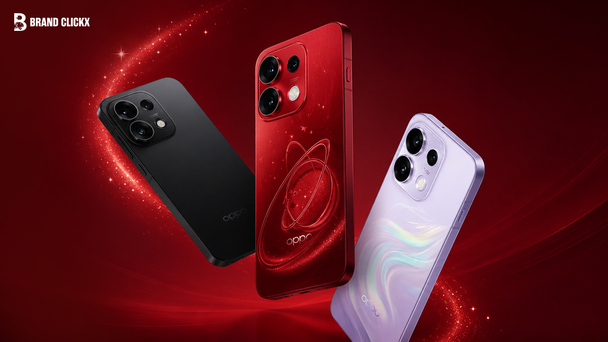 Three OPPO smartphones in black, red, and purple colors displayed against a deep red background featuring the Brand ClickX logo.