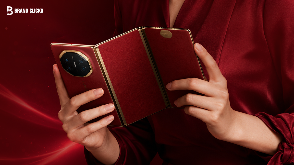 A person holding a premium red and gold foldable smartphone against a deep red background with the Brand ClickX logo.