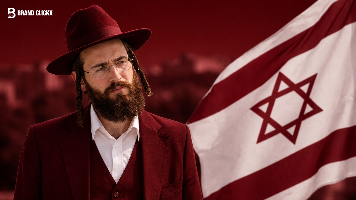 man-with-israeli-flag-background A man wearing a hat posing in front of an Israeli flag background.