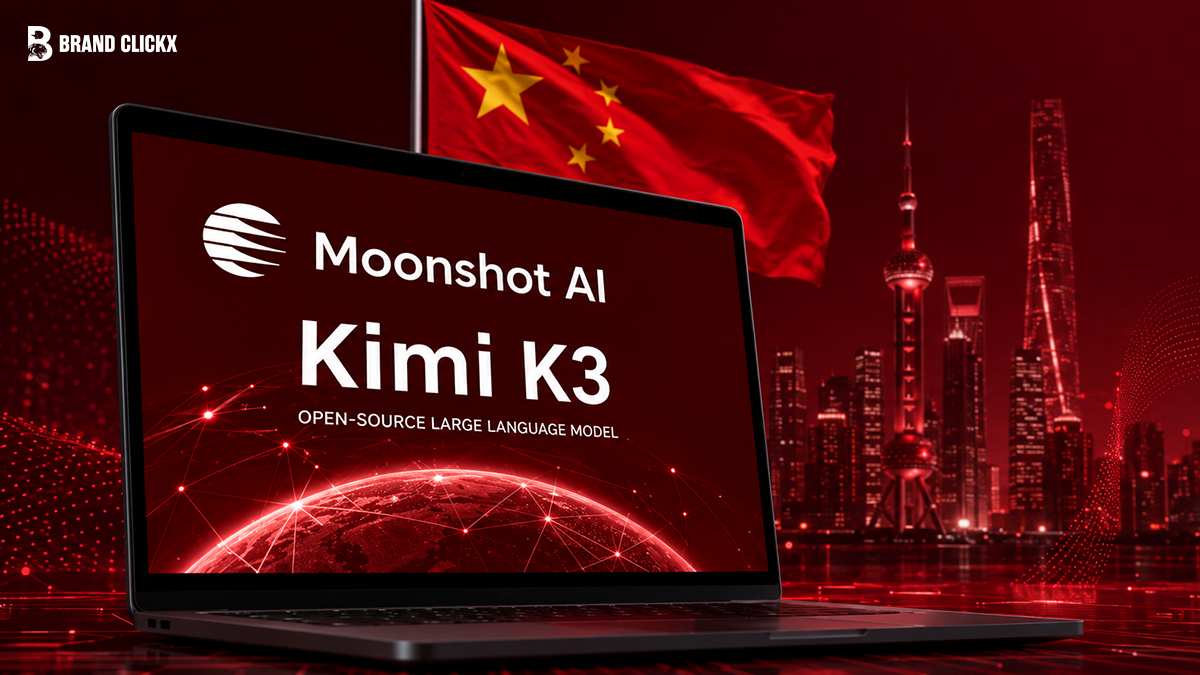 moonshot-ai-kimi-k3-laptop Laptop displaying Moonshot AI Kimi K3, with the Brand ClickX logo on a deep red background.