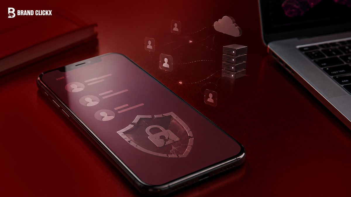 mobile-data-security-shield.jpg Smartphone showing data security shield and network icons by Brand ClickX.