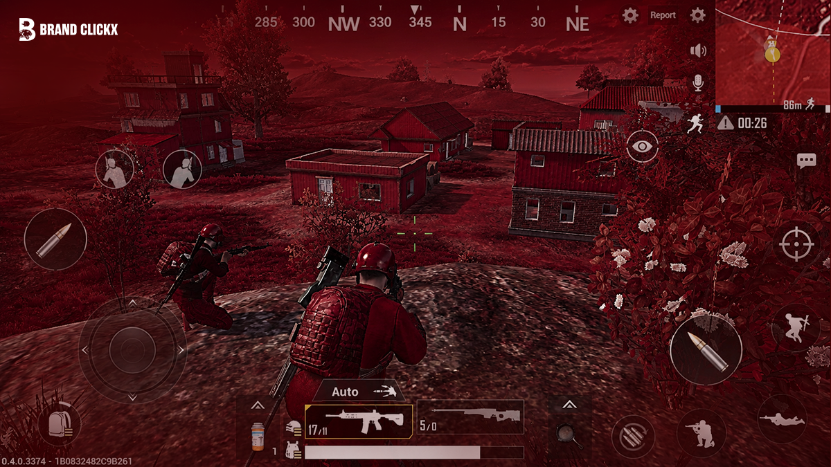 Tactical gameplay view from a battle royale video game with deep red aesthetic by Brand ClickX.
