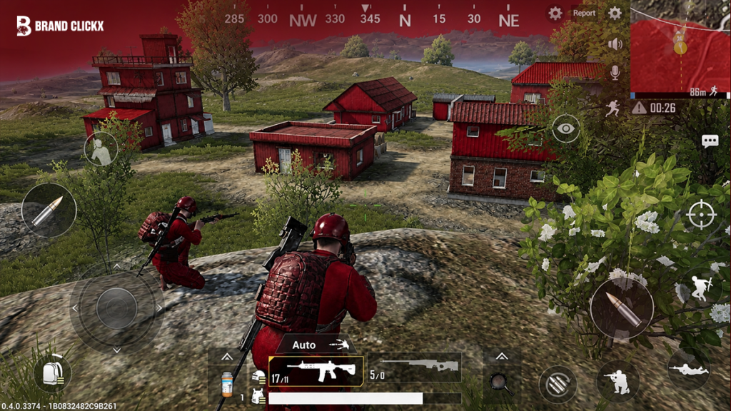 Tactical gameplay view from a battle royale video game with deep red aesthetic by Brand ClickX.