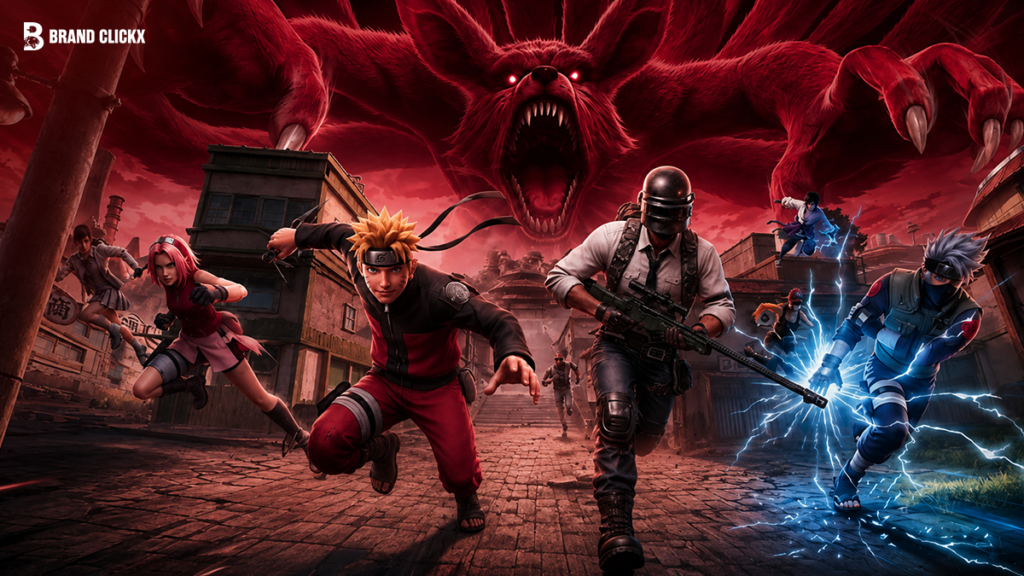 Tactical gameplay view from a battle royale video game with deep red aesthetic by Brand ClickX.