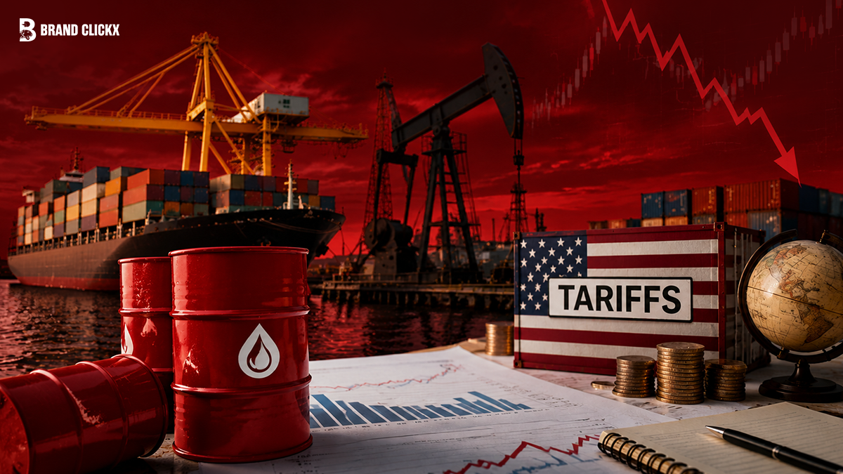 Cargo ship, oil barrels, and a US flag box labeled Tariffs against a red background with charts and a globe