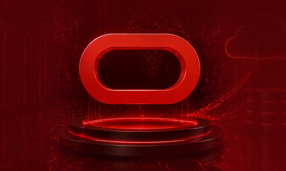 Oracle logo displayed on a digital technology background