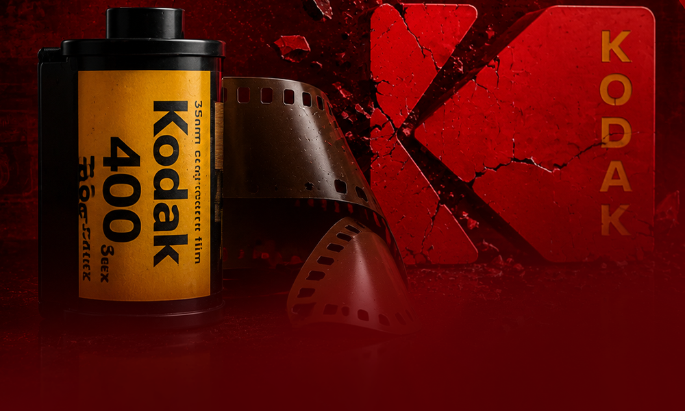 | 5 Biggest Tech Brand Failures That Shaped Industry Standards Kodak 400 film roll and logo on a dark red background.