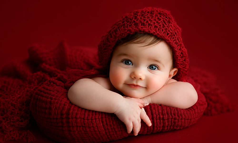 Cute baby in red bonnet lying down for content marketing strategy visual