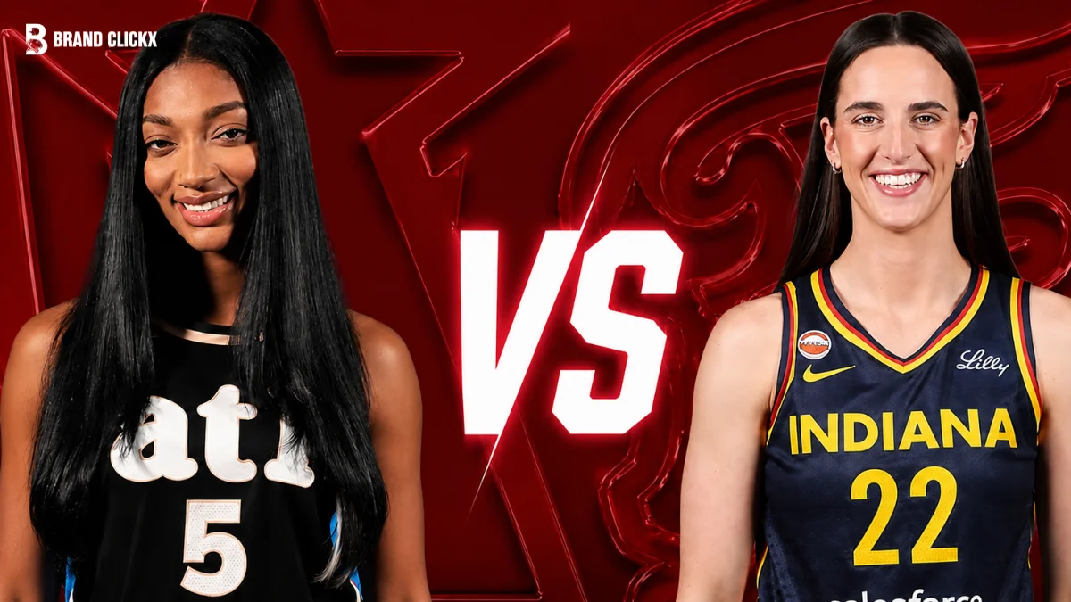 A graphic featuring a WNBA matchup layout with players wearing Atlanta Dream and Indiana Fever jerseys, set against a red background featuring the Brand Clickx branding.