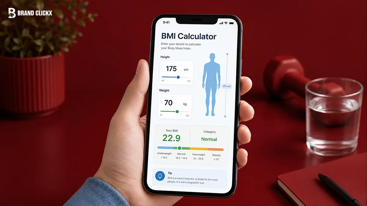 A colorful BMI scale chart displayed on a dark red surface