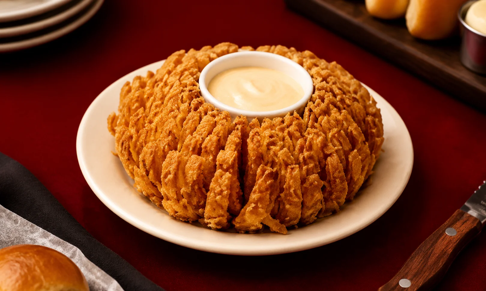Crispy fried onion appetizer with a dipping sauce in a red-toned restaurant setting