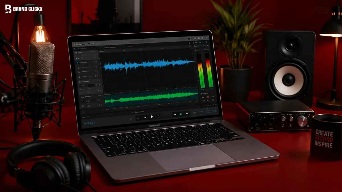 A modern laptop running audio editing software on a dark red studio desk 1. Adobe Audition Best Overall A...: A deskto