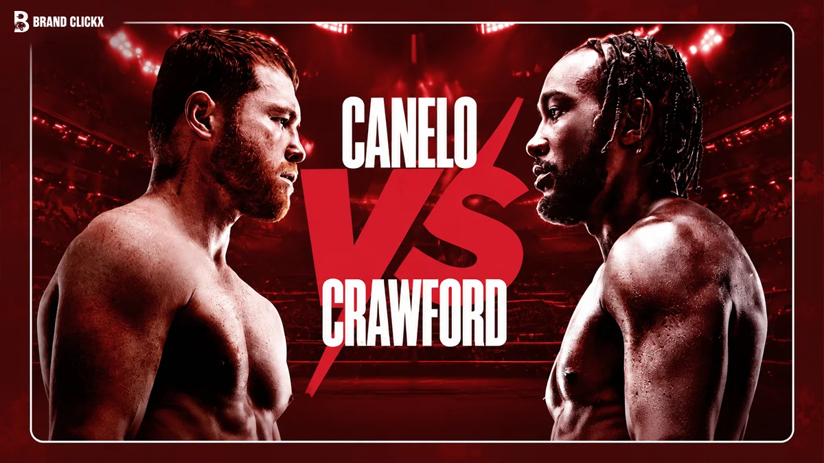 Canelo vs Crawford Canelo Alvarez versus Terence Crawford boxing match graphic in a red arena