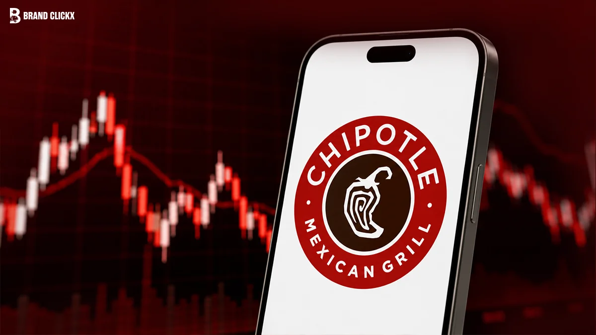 A smartphone displaying the Chipotle Mexican Grill logo against a dark red background with a stock chart