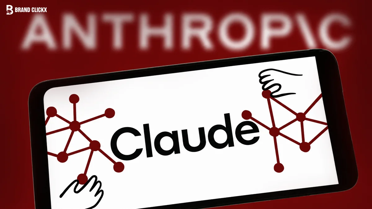 A smartphone displaying the Claude logo against a dark red background