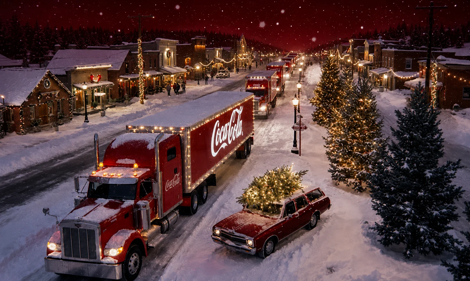 | AI Marketing Campaigns That Went Viral: The Ones That Actually Broke Through A festive Coca-Cola holiday truck set against a red-lit winter backdrop
