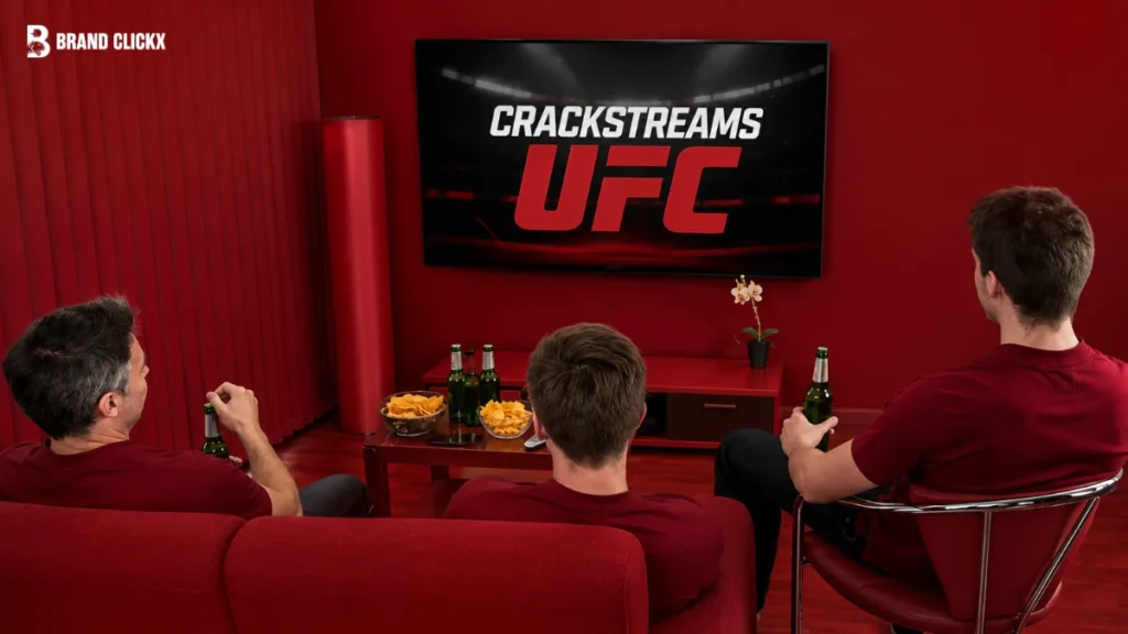 Fans watching UFC on TV in a red-lit room