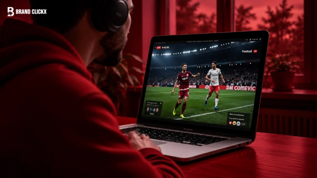 A person sitting in a dimly lit room with a red glow, watching a sports stream on a laptop.