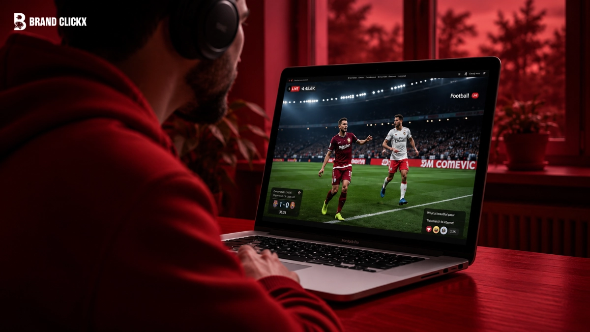A person sitting in a dimly lit room with a red glow, watching a sports stream on a laptop.