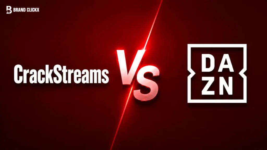 A matchup graphic featuring CrackStreams vs DAZN branding separated by a "VS" text element on a dark background.