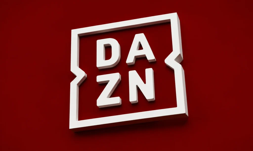 The DAZN logo displayed on a textured dark red background.