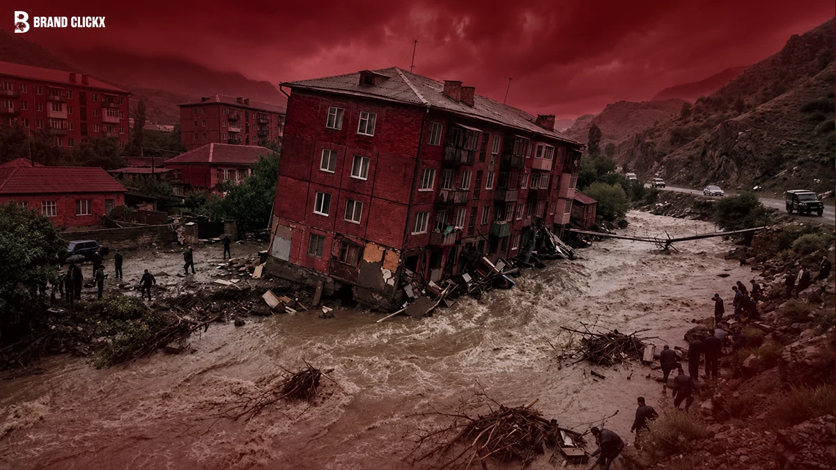Dagestan The Flood That Cost a Flooded street in Dagestan under a red-lit stormy sky