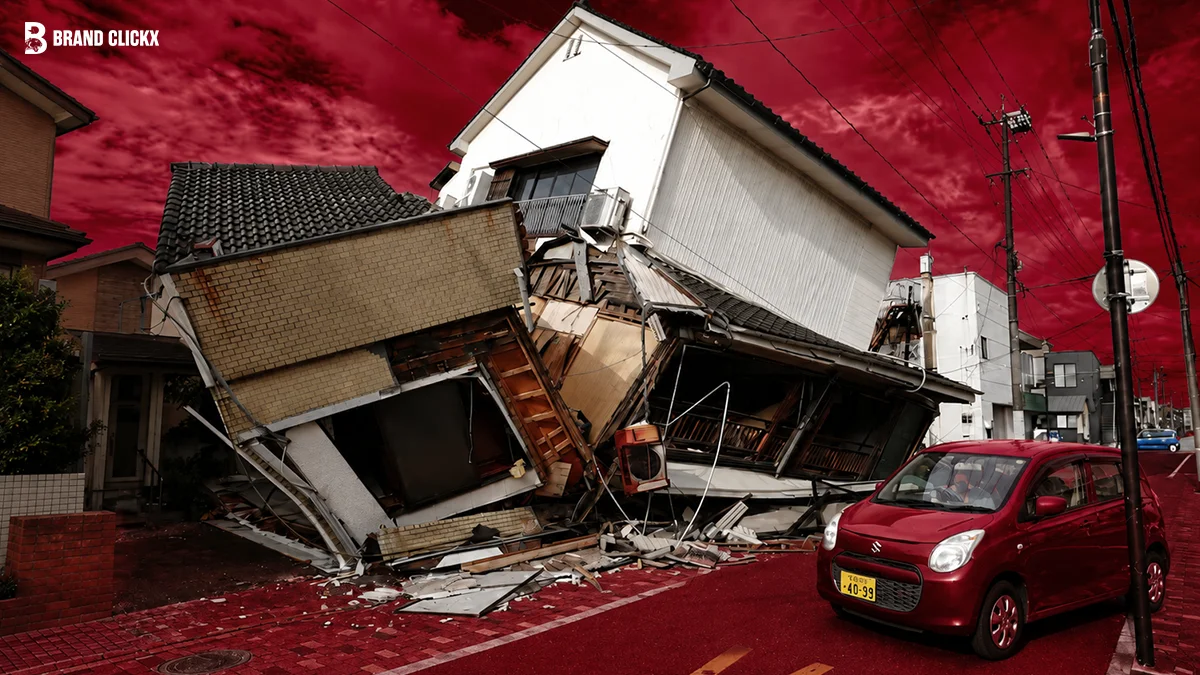 Earthquake Now At Least 13 Dead in Japan Damaged houses after an earthquake in a red-lit setting