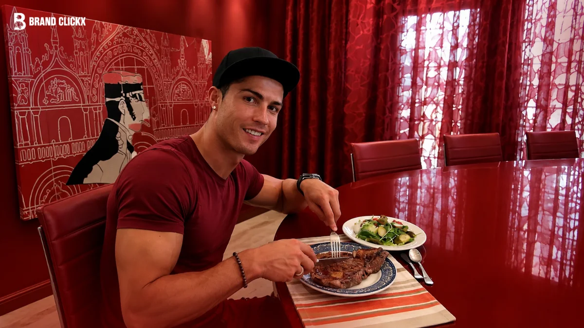 Person eating healthy food in a red-themed interior