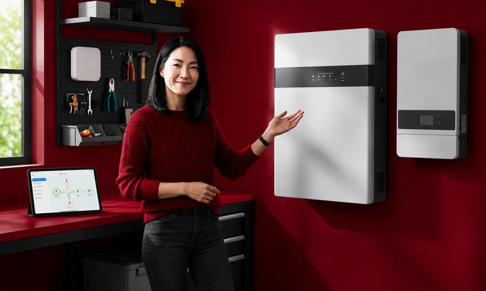 Smart home backup power panel in red interior setting
