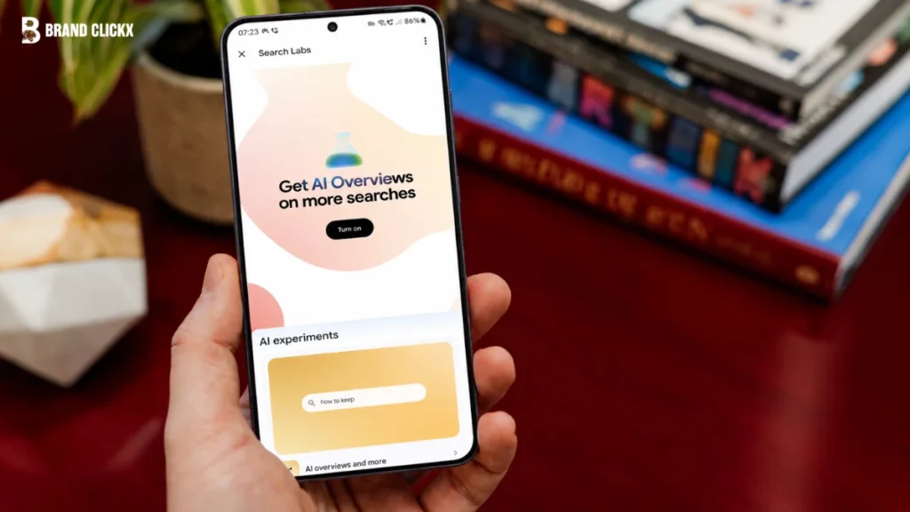 A person holding a smartphone displaying the Google Search Labs interface with AI Overviews settings on a wooden surface