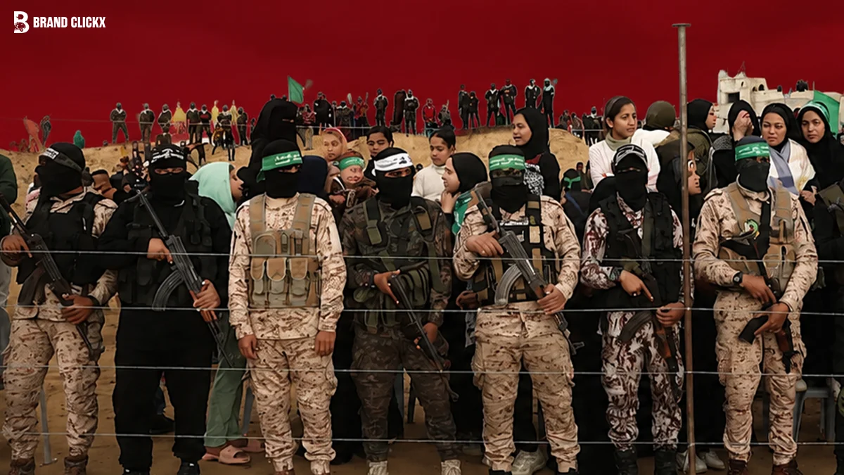 Hamas Agrees to Gaza Disarmament Roadmap Armed militants and a crowd gathered against a dark red sky backdrop