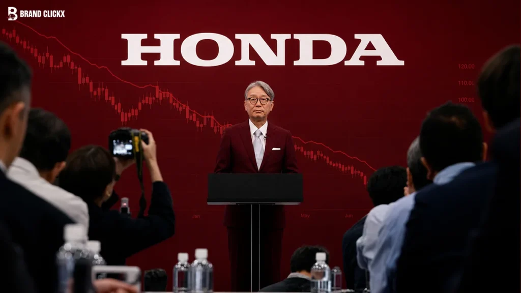 A Honda executive speaking at a press conference in front of a red market decline chart