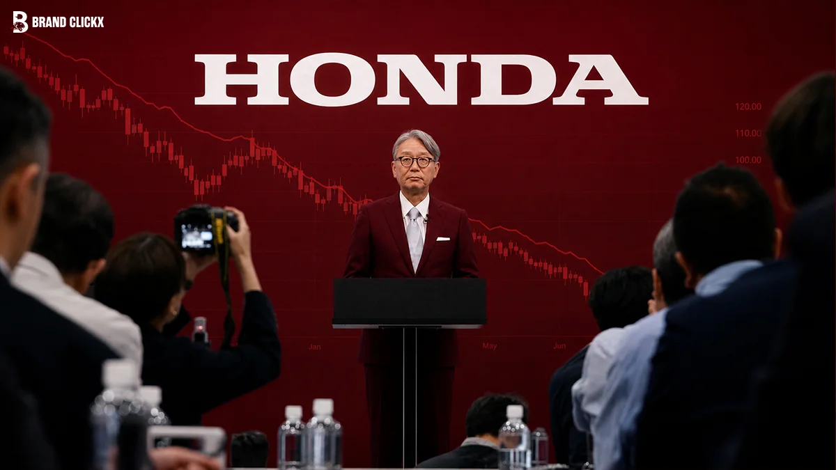 A Honda executive speaking at a press conference in front of a red market decline chart