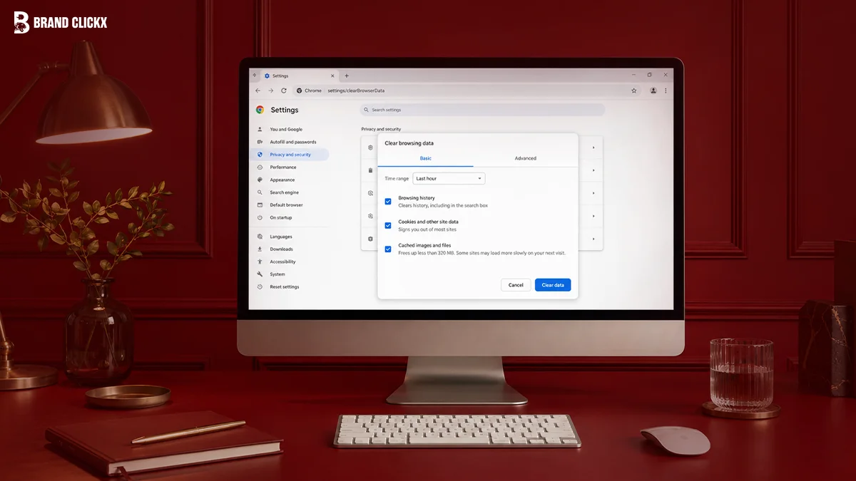 A desktop computer showing a browser cache clearing menu on a dark red desk