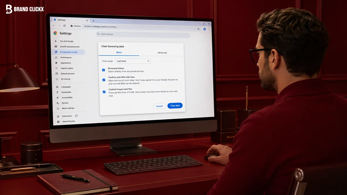 A person using a desktop computer to clear browser cache in a red-themed room