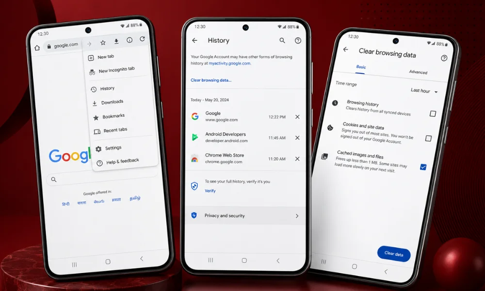 Smartphones displaying Chrome cache clearing options on a red surface