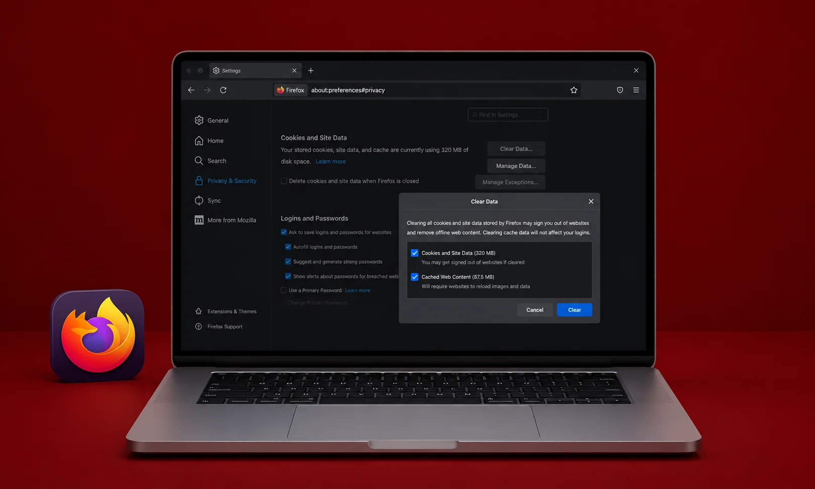A laptop displaying Mozilla Firefox cache settings against a red background