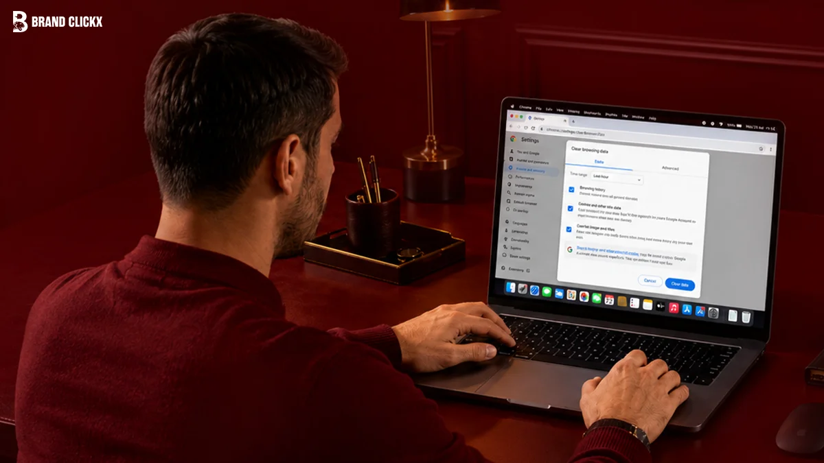 A user working on a MacBook to clear system cache on a dark red desk