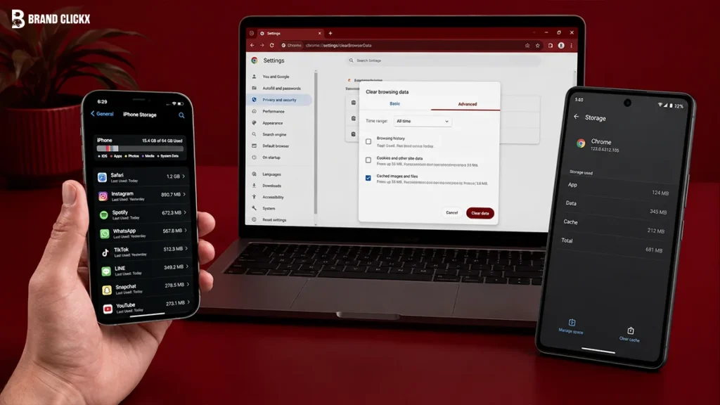A computer screen and smartphone displaying temporary files cleanup settings on a dark red desk
