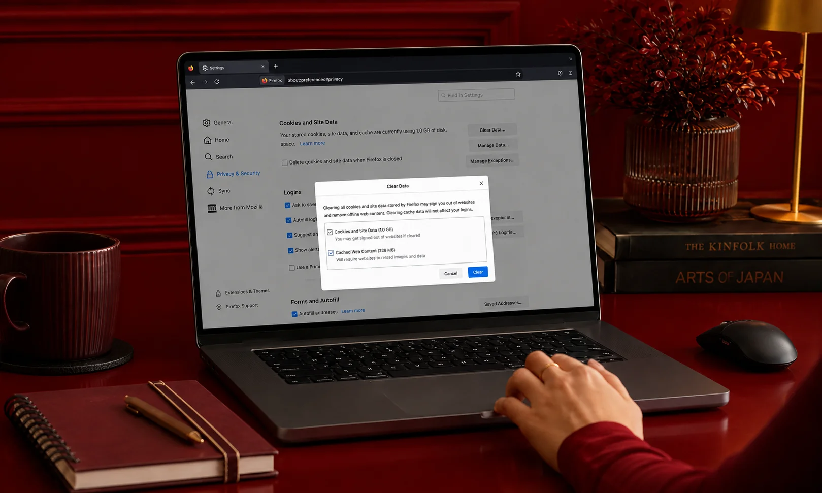 A person using a laptop to clear Firefox cache in a red-themed room