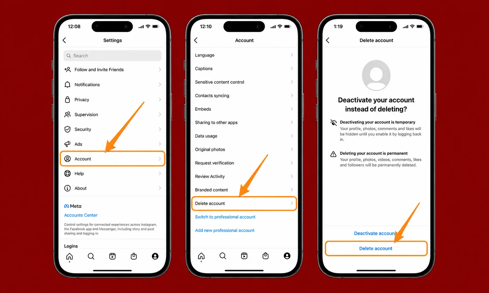 Three mobile screens displaying steps to delete an Instagram account against a red backdrop
