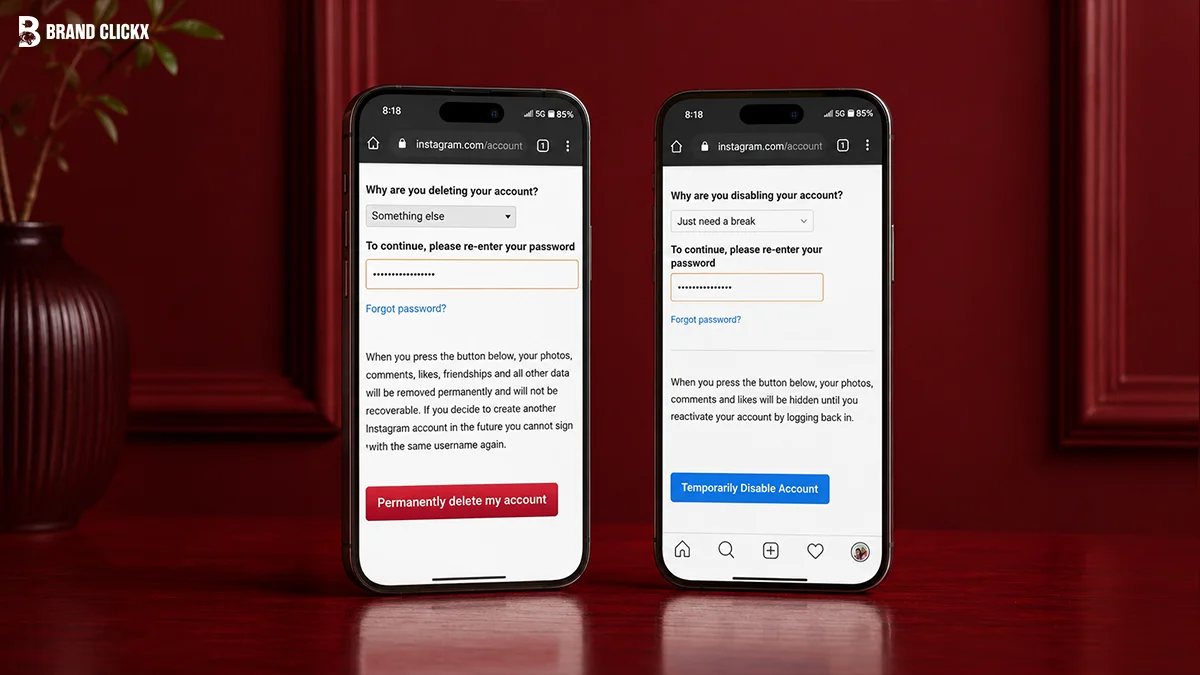Two smartphones showing Instagram settings screens on a dark red tabletop