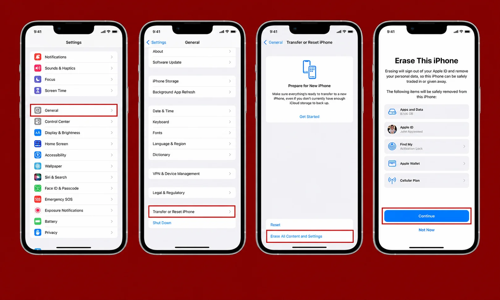 | How to Factory Reset iPhone (Step-by-Step Guide) Four sequential iPhone screens showing factory reset steps against a red background