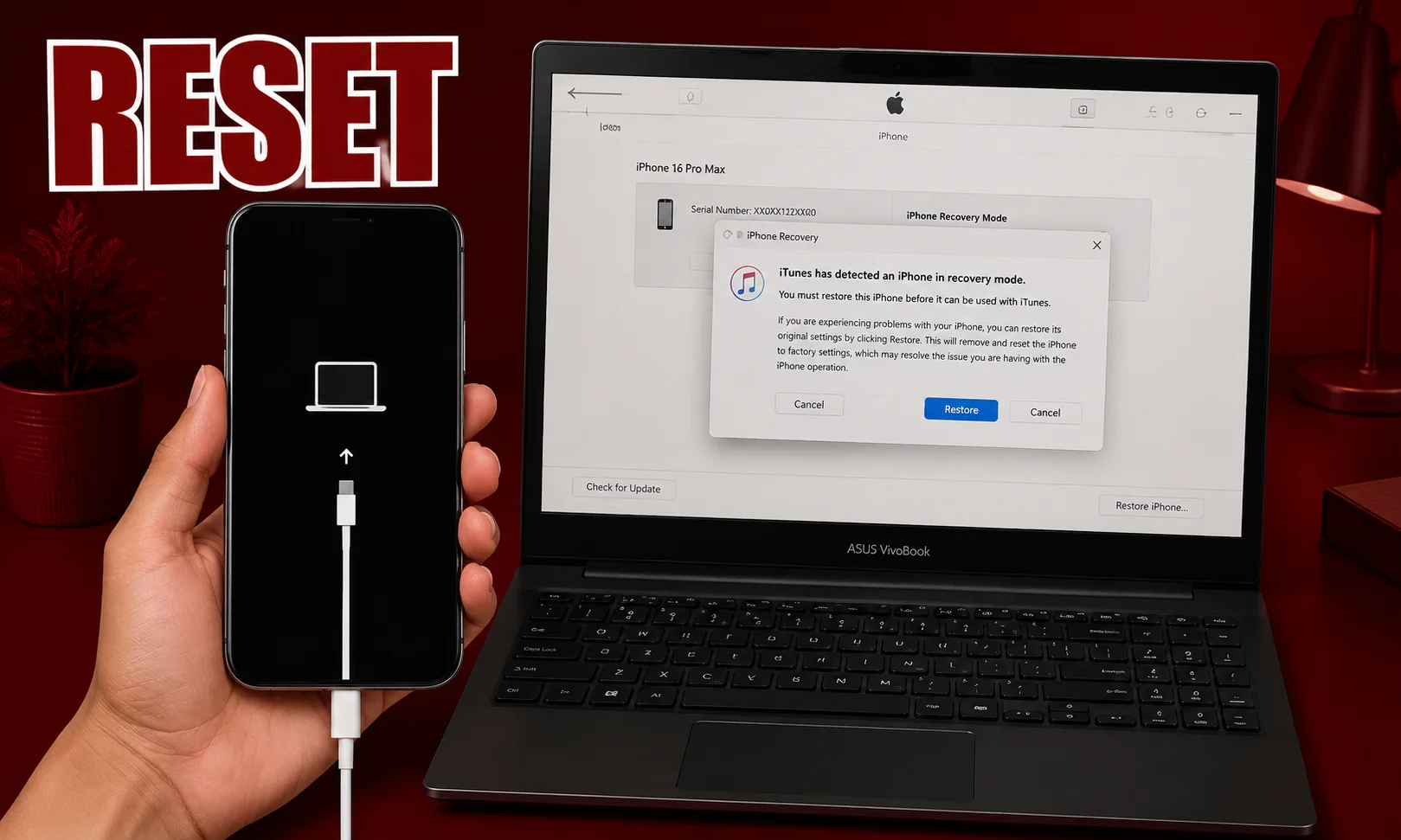 | How to Factory Reset iPhone (Step-by-Step Guide) An iPhone connected to a laptop showing factory reset instructions in a red-lit room