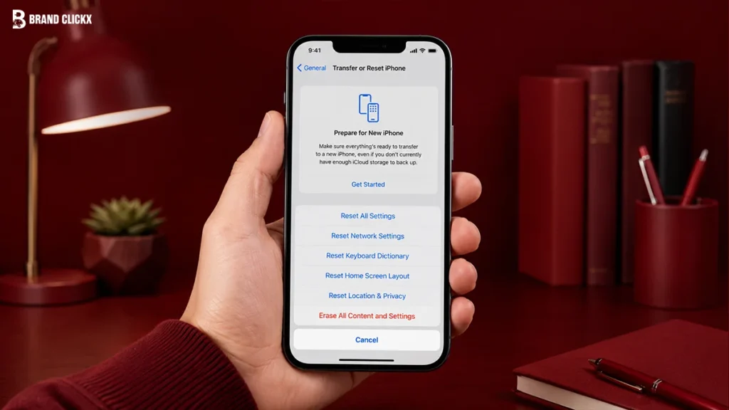 A hand holding an iPhone displaying reset settings on a dark red tabletop
