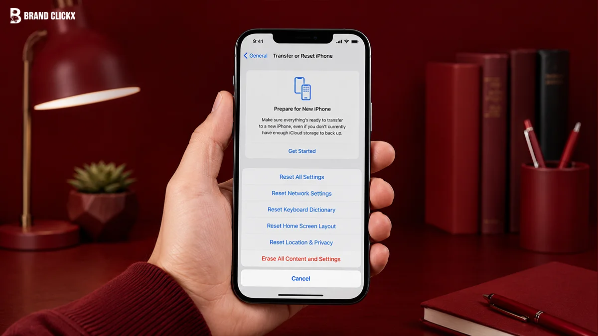 A hand holding an iPhone displaying reset settings on a dark red tabletop