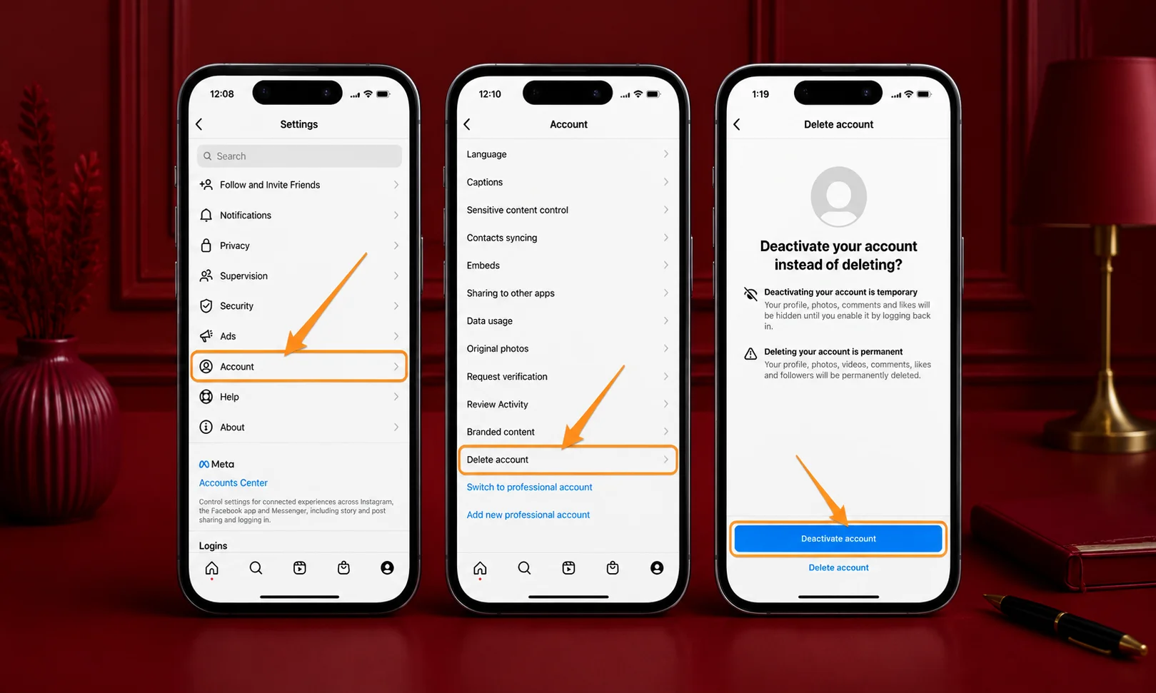 Mobile screens showing temporary Instagram deactivation steps under red ambient lighting