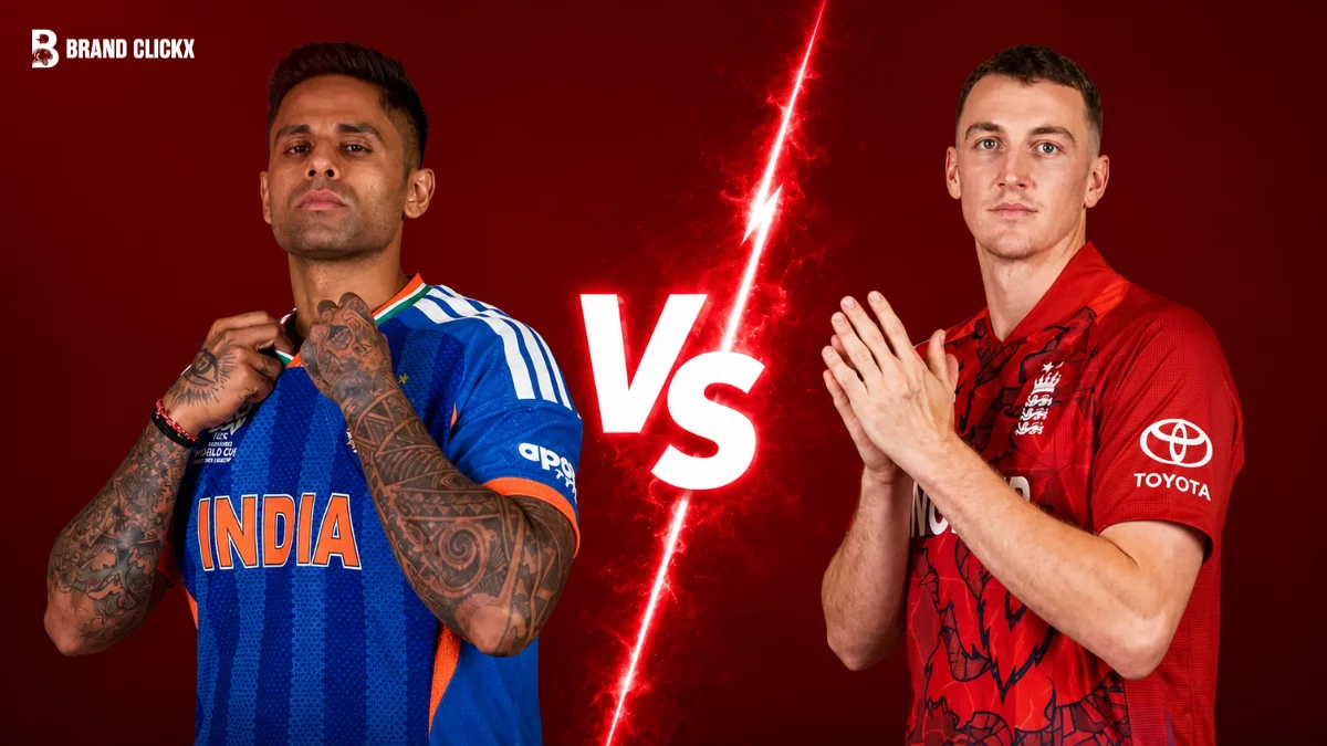 A graphic featuring an India vs England cricket matchup layout with players wearing India and England jerseys, set against a red background featuring the Brand Clickx branding.